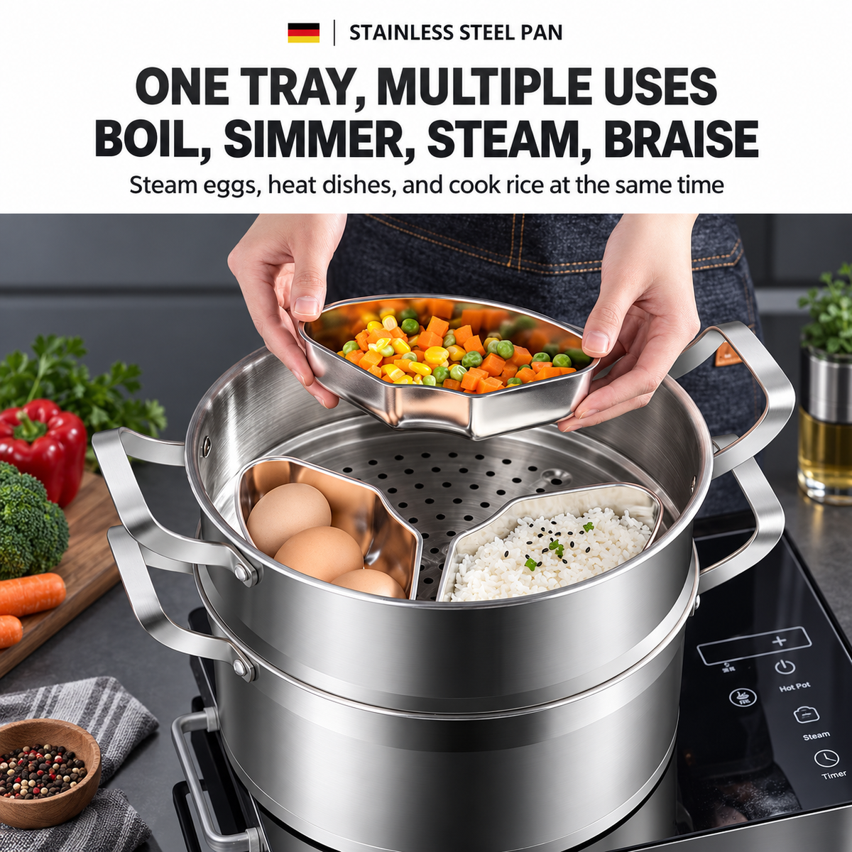 🍲 3-Piece Stainless Steel Steamer Set with Lid