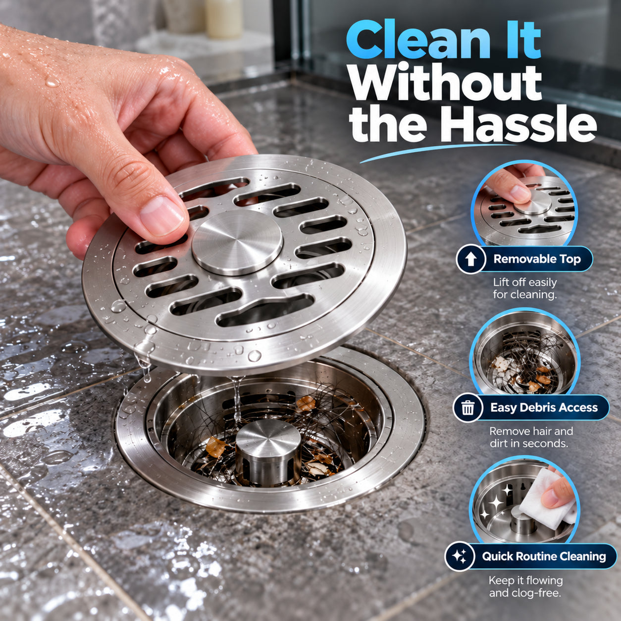 Removing stainless steel floor drain cover for cleaning