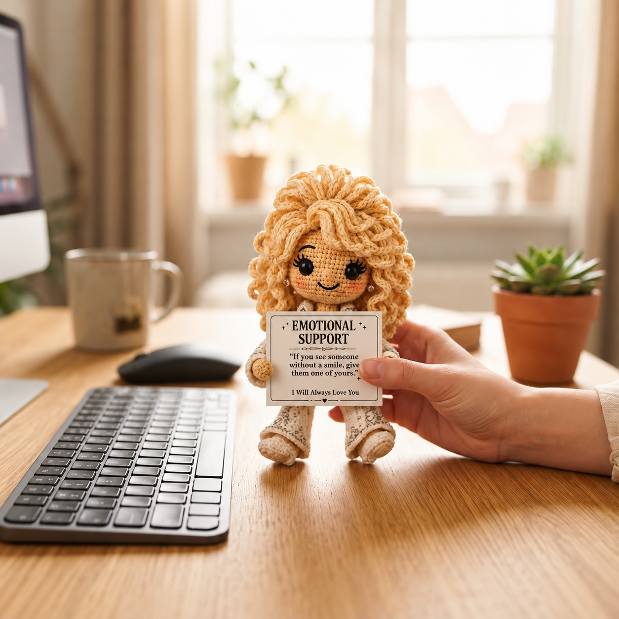 Crochet comfort doll displayed on a work desk next to a keyboard and plant