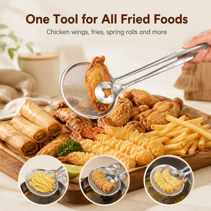 2-in-1 Stainless Steel Oil Frying Strainer Tongs