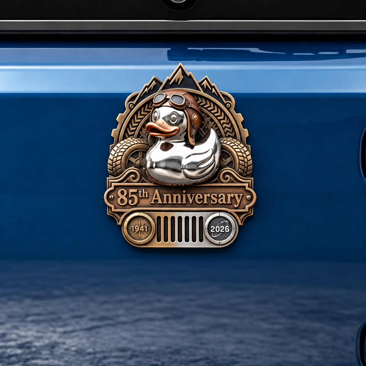 Duck badge on a blue vehicle body panel
