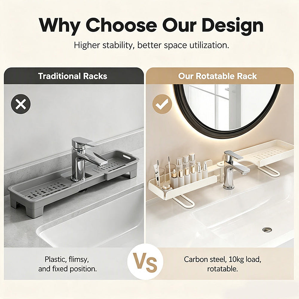 No-Drill Folding Bathroom Sink Storage Rack – Faucet-Mounted Organizer for Cosmetics & Toiletries