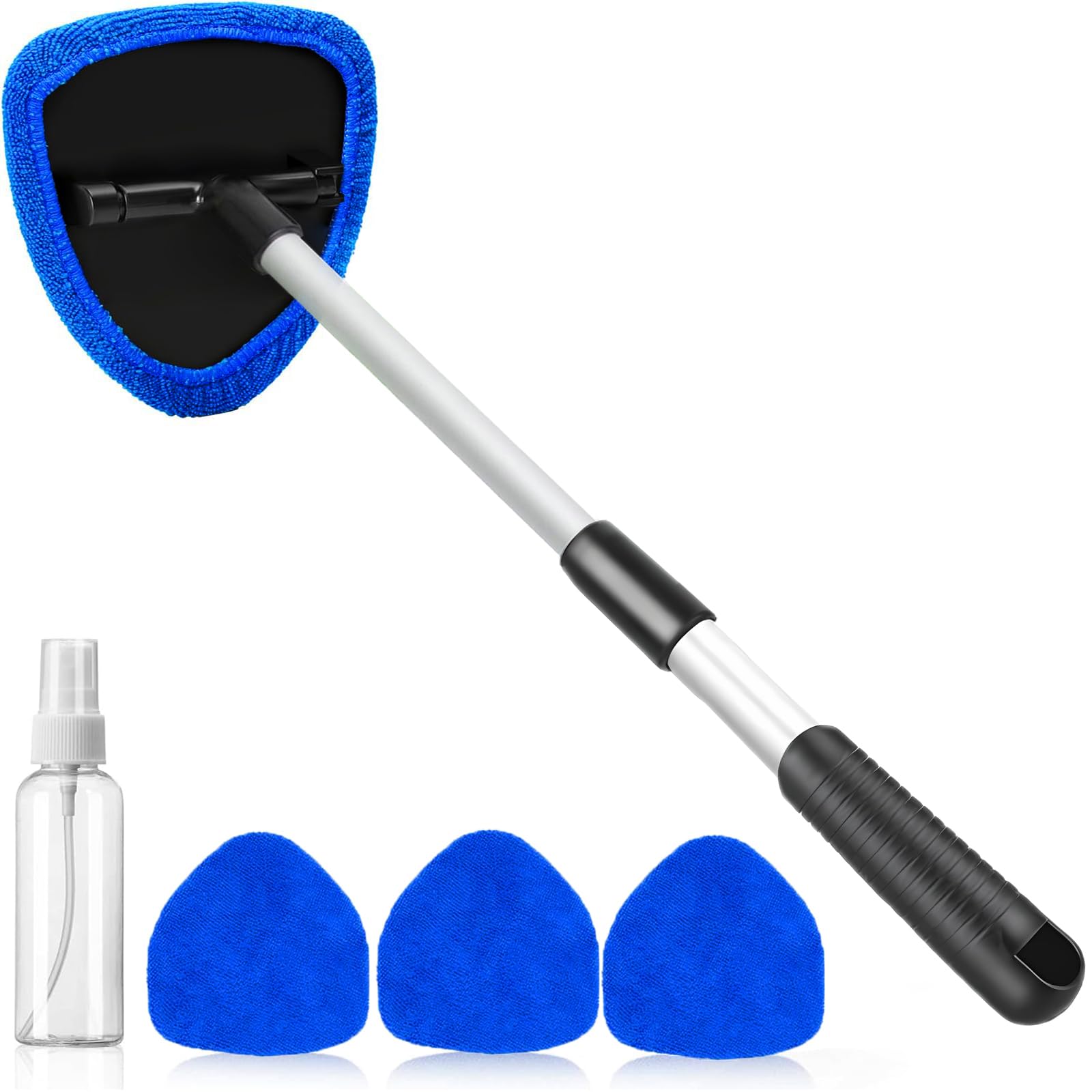 Window cleaning kit with rotating microfiber cleaner, spare covers and spray bottle