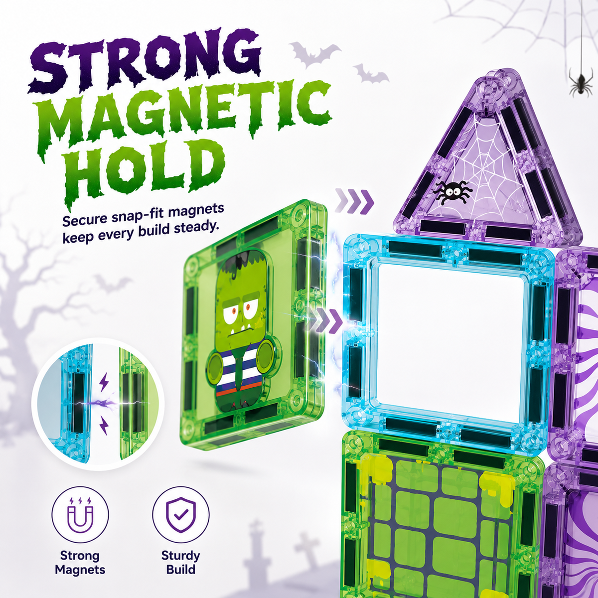 Construction & Halloween Castle Magnetic Building Tiles, STEM Toy with Tin Box for Kids 3+