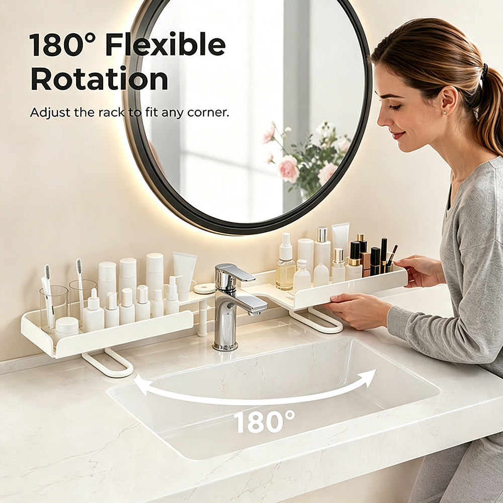 No-Drill Folding Bathroom Sink Storage Rack – Faucet-Mounted Organizer for Cosmetics & Toiletries