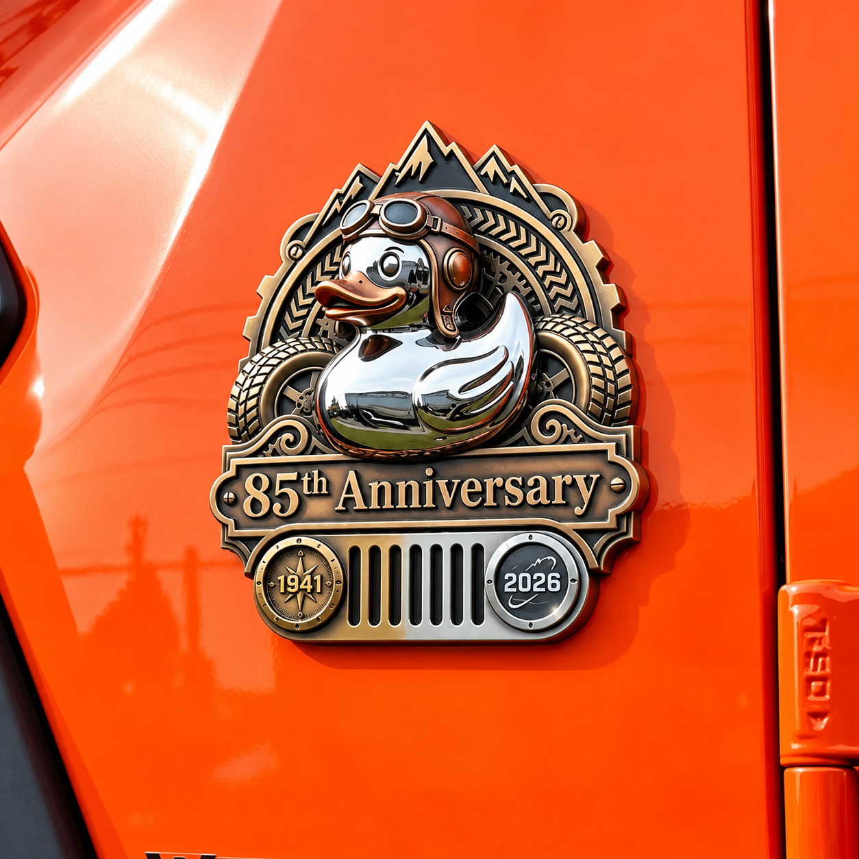 Duck badge displayed on an orange vehicle body panel