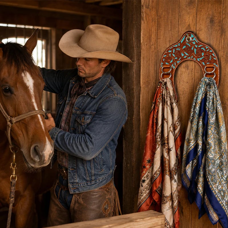 Handcrafted Leather Horseshoe Wild Rag Holder 🤠 | Western Scarf & Bandana Organizer