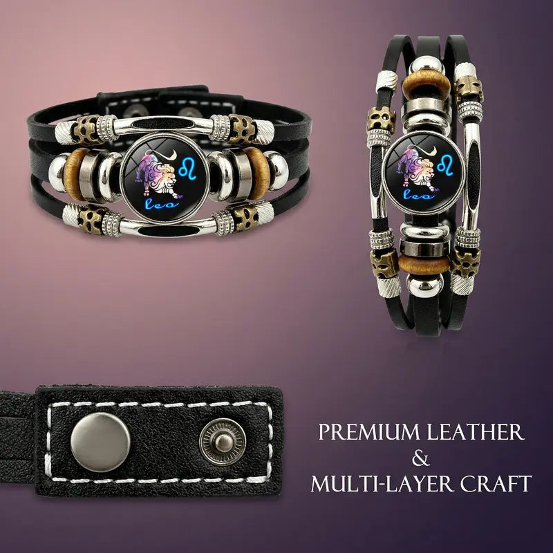 ☪️Glow-in-the-dark leather zodiac sign bracelet for men and women (6.9/8.1 inches)♑️