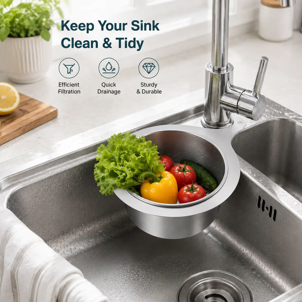 🧺 Stainless Steel Sink Drain Basket – Hanging Kitchen Organizer
