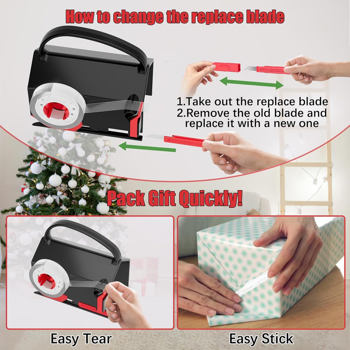 2-in-1 Gift Wrap Cutter & Tape Dispenser with Replacement Blades