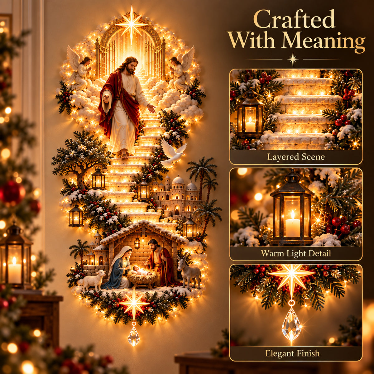 ✨Jesus Light of Heaven Christmas Wall Hanging | Illuminated Nativity Stairway Decor ✝️
