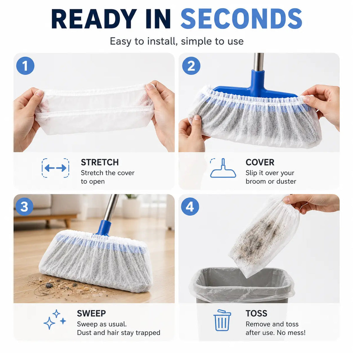 🧹Disposable Broom Dust Covers, Non-Woven Dust Catcher for Standard Brooms,50 Covers