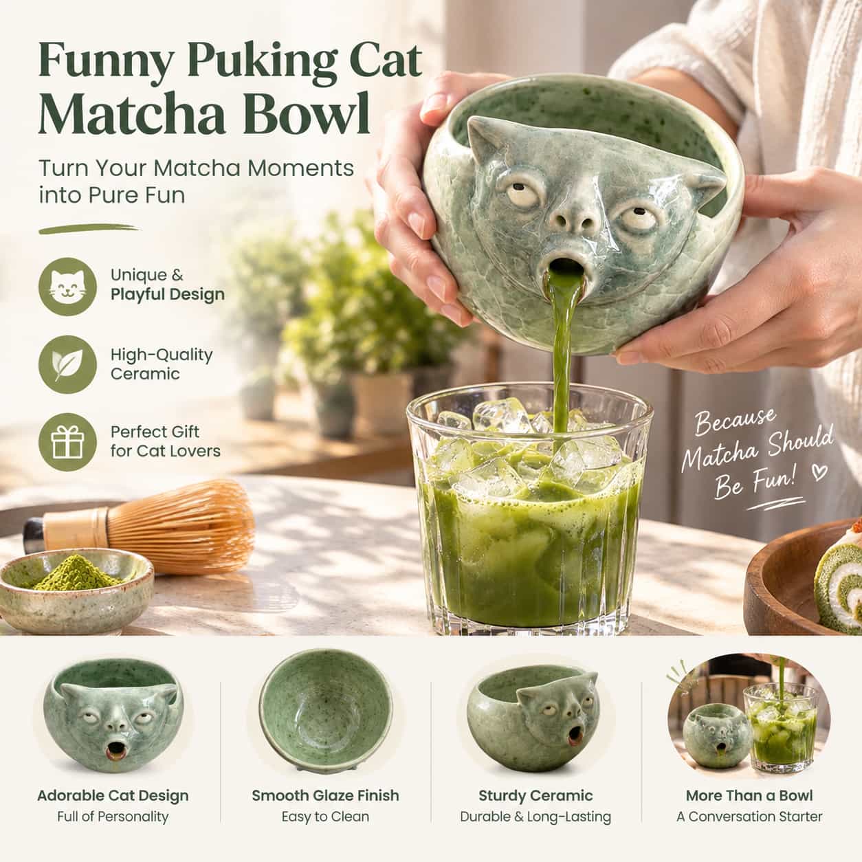 Product feature image of ceramic cat matcha bowl and its green glazed finish