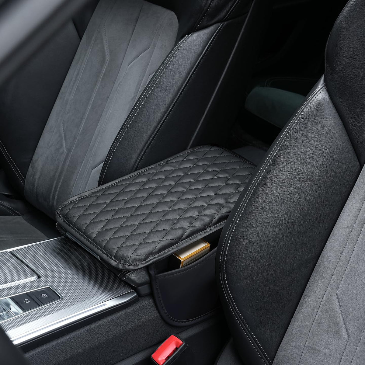 Microfiber Leather Car Armrest Cover with Memory Foam & Side Pockets🚙