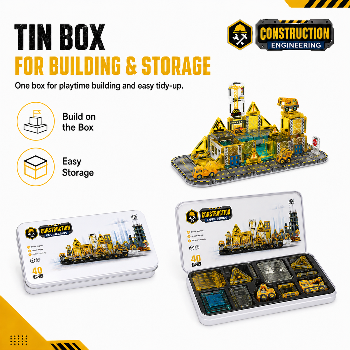 Construction & Halloween Castle Magnetic Building Tiles, STEM Toy with Tin Box for Kids 3+