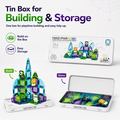 Construction & Halloween Castle Magnetic Building Tiles, STEM Toy with Tin Box for Kids 3+