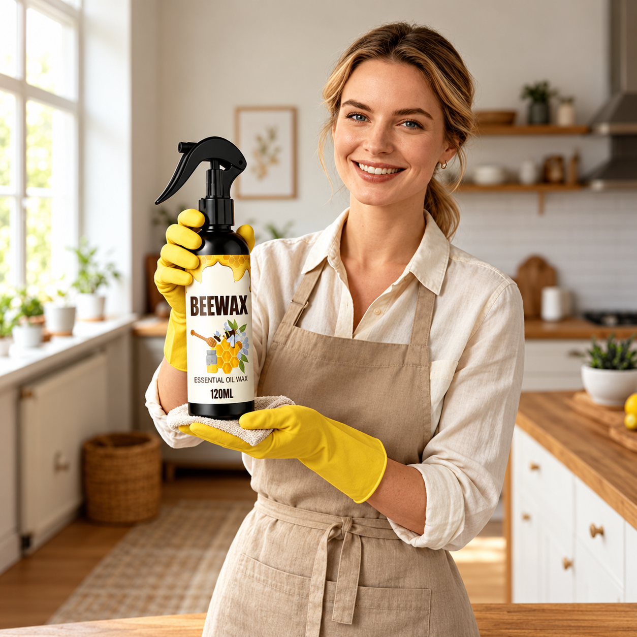 Beeswax wood furniture polish spray shown in a bright home kitchen