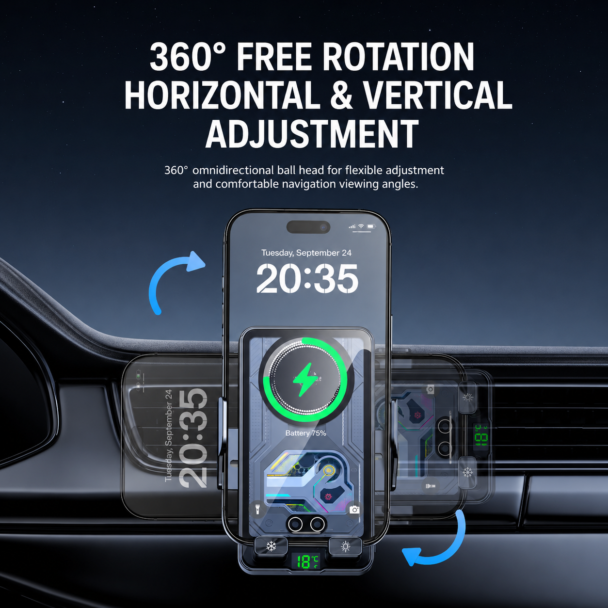 2026 New Cooling Wireless Fast Charging Car Phone Mount With Temp Display