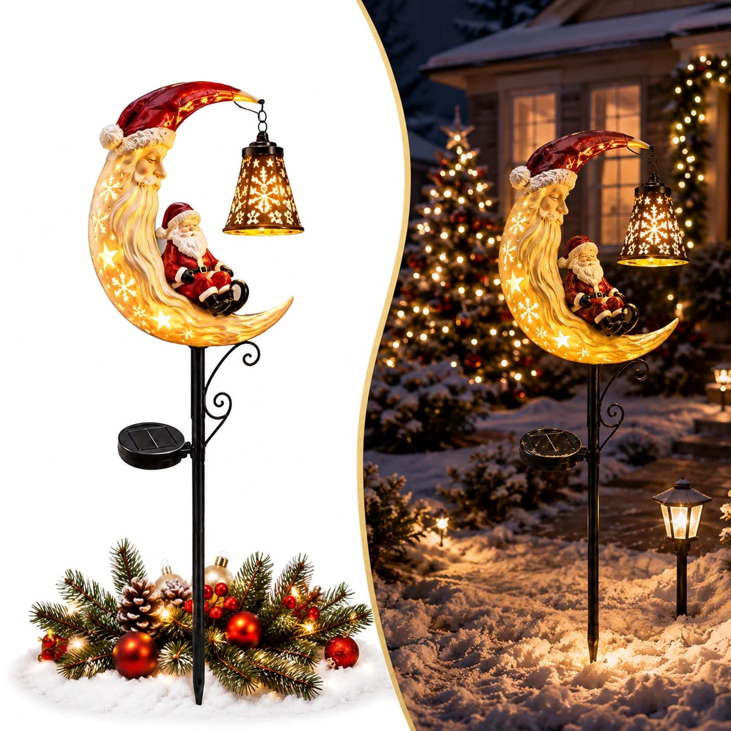 Solar Christmas Moon Snowman Lamp Post Decoration LED Stake Light