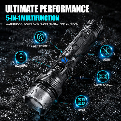 🔦 High-Power Rechargeable Zoom Flashlight, Power Bank & Digital Battery Display