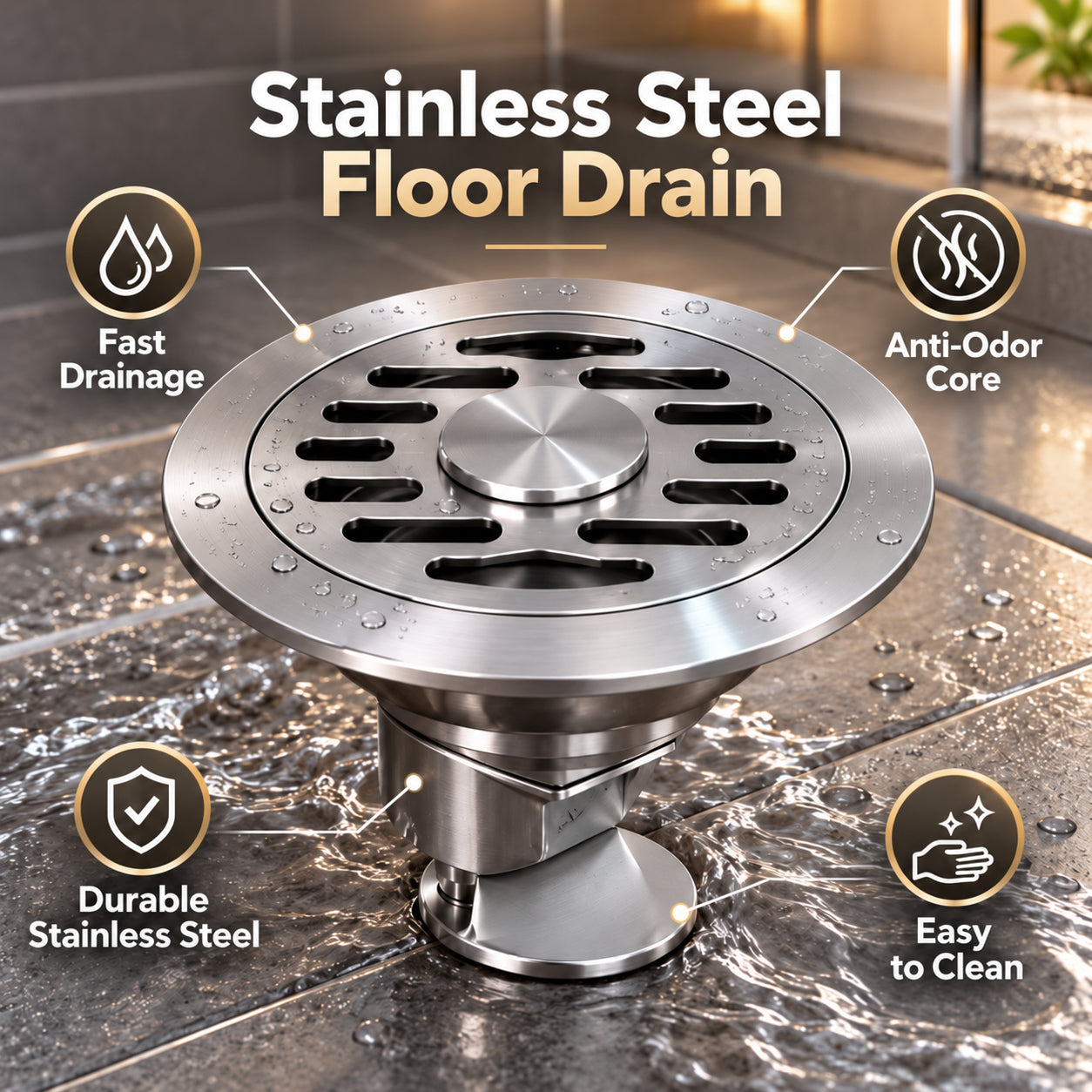 Stainless steel floor drain with removable odor blocking core
