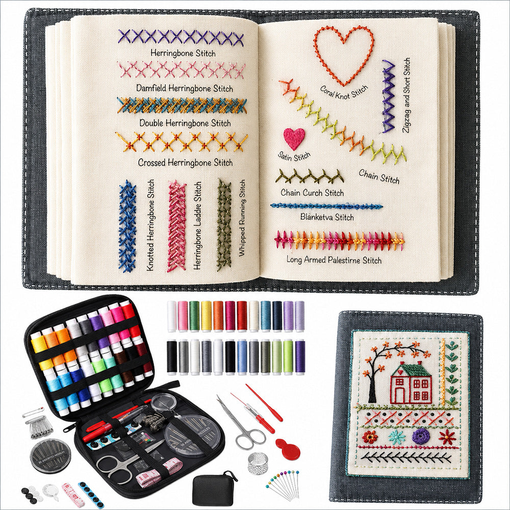 🧵 All-in-One Embroidery Stitch Book & 87-Piece Sewing Kit ✨
