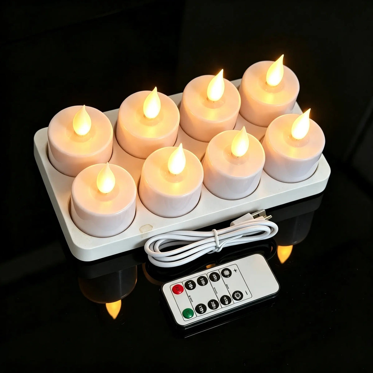 USB-C Rechargeable Remote LED Flameless Tealights with Charger & Timer