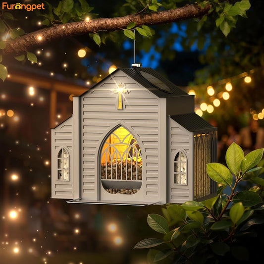 Church-Shaped Metal Bird Feeder with Solar Light