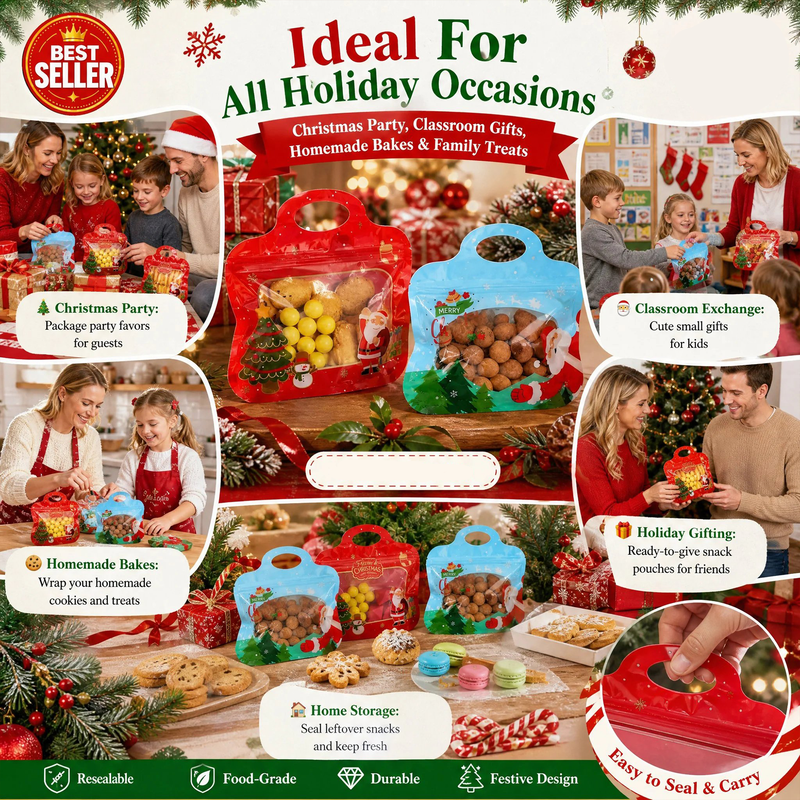 🎄Santa & Snowman Self-Seal Christmas Treat Bags, Food Safe for Cookies & Small Gifts