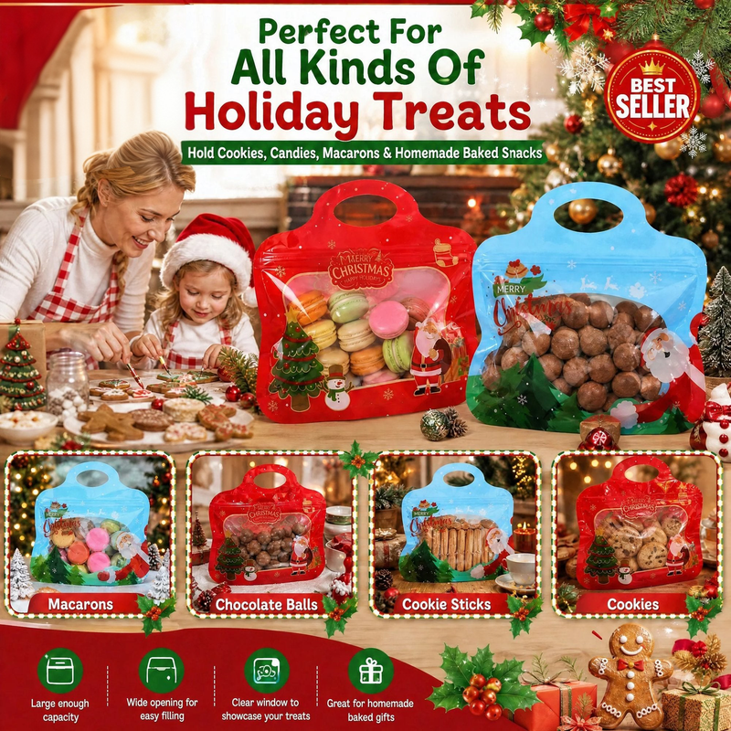 🎄Santa & Snowman Self-Seal Christmas Treat Bags, Food Safe for Cookies & Small Gifts