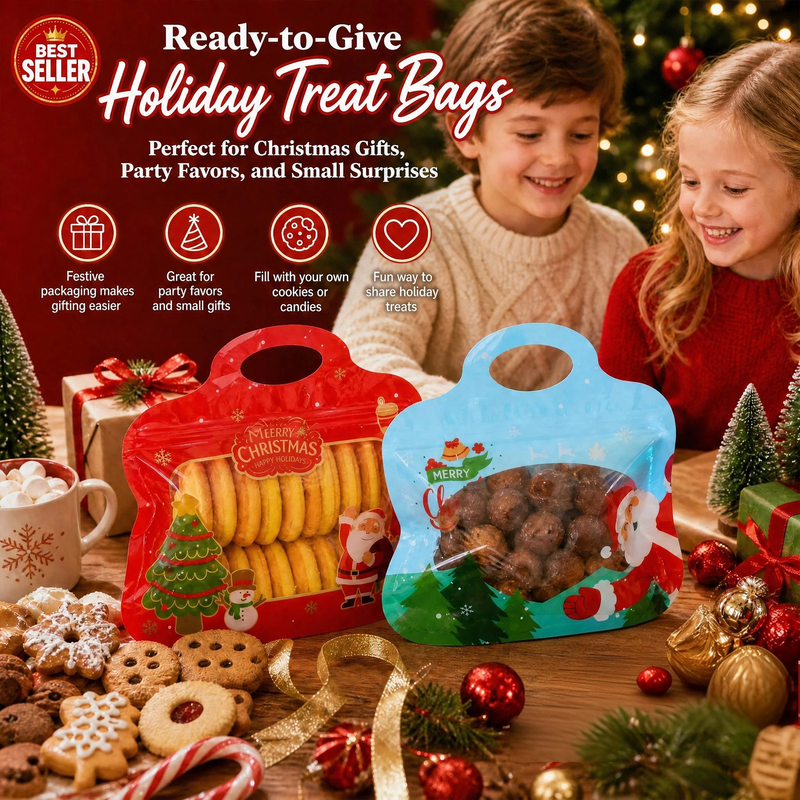 🎄Santa & Snowman Self-Seal Christmas Treat Bags, Food Safe for Cookies & Small Gifts