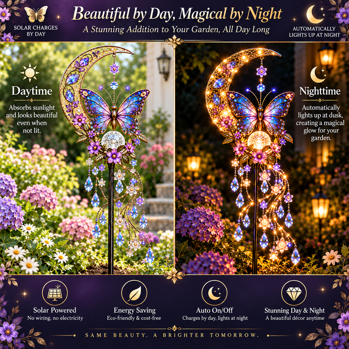 🦋Solar Butterfly Moon Crystal Cascade Garden Stake Light🌺
