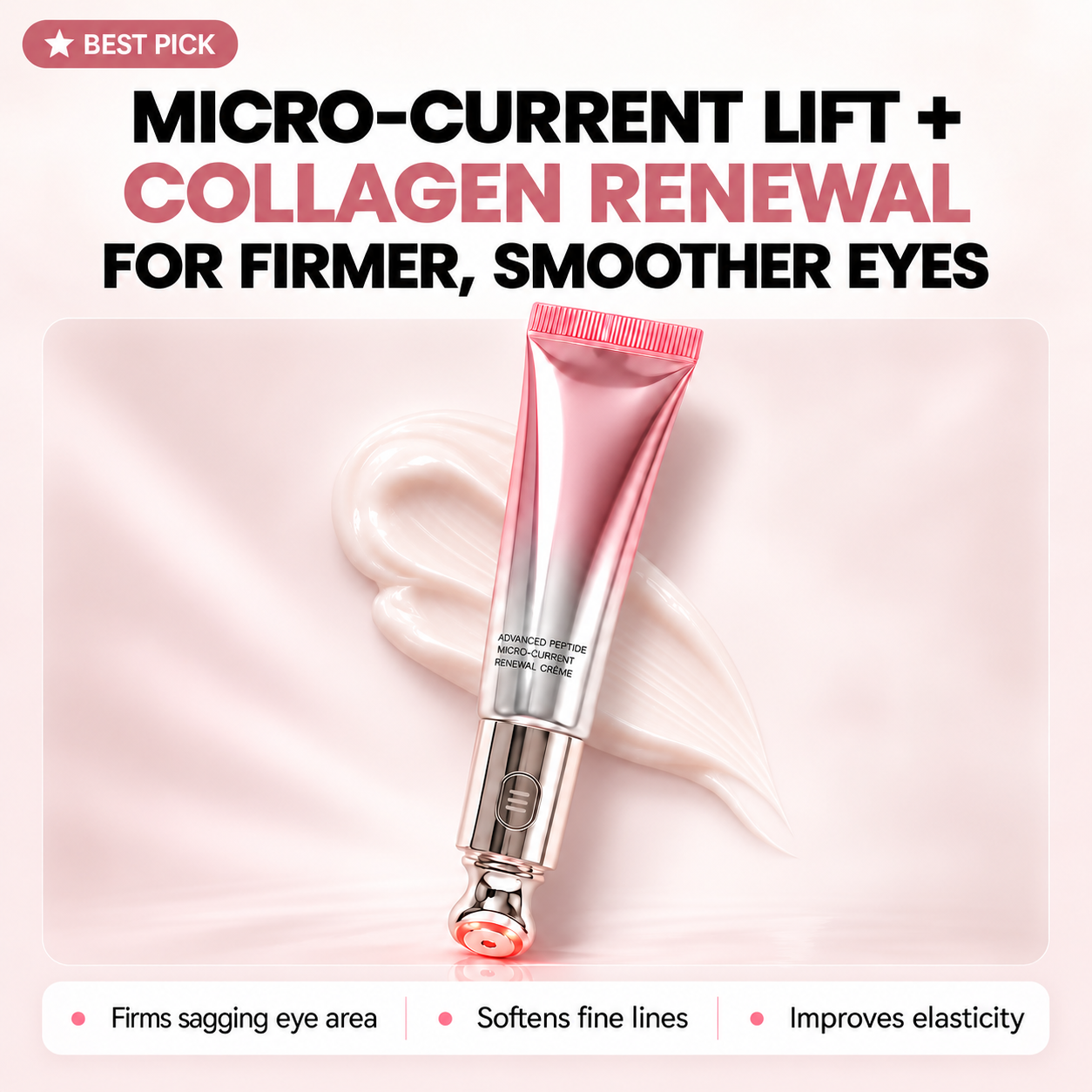 Eye renewal cream featuring a precision applicator and pink packaging