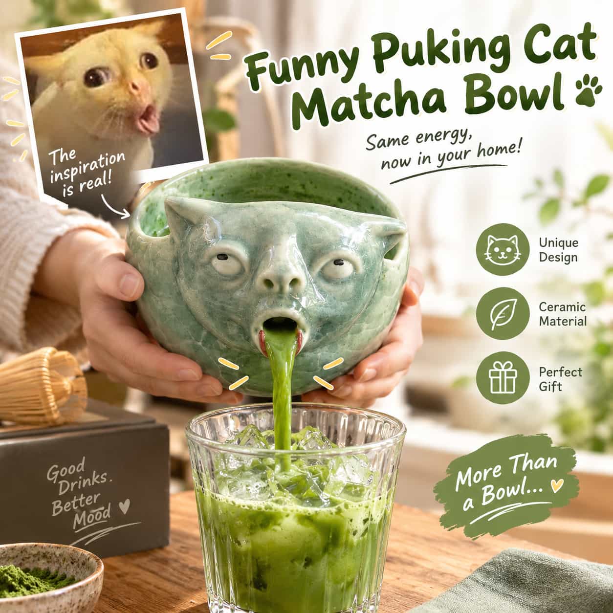 Creative cat matcha bowl gift and pouring effect illustration
