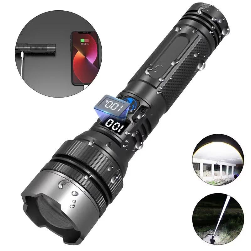 🔦 High-Power Rechargeable Zoom Flashlight, Power Bank & Digital Battery Display