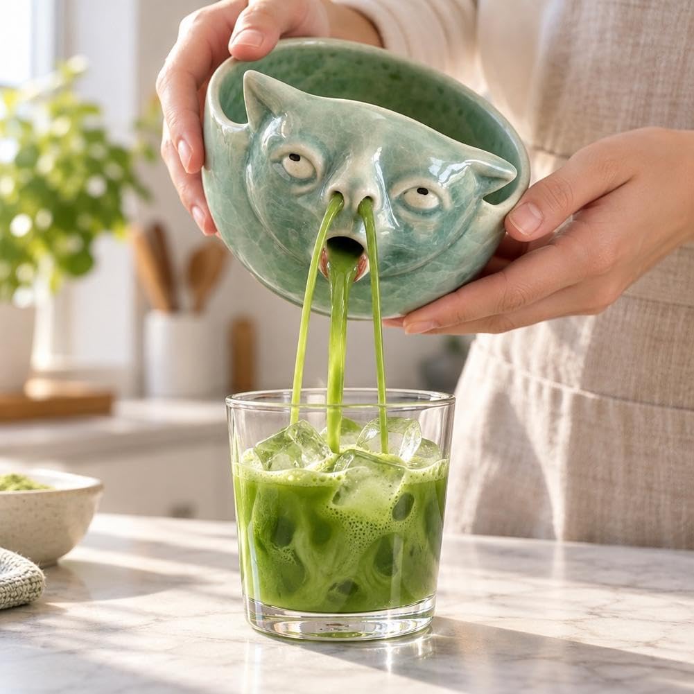 Person pouring iced matcha from a funny ceramic cat bowl