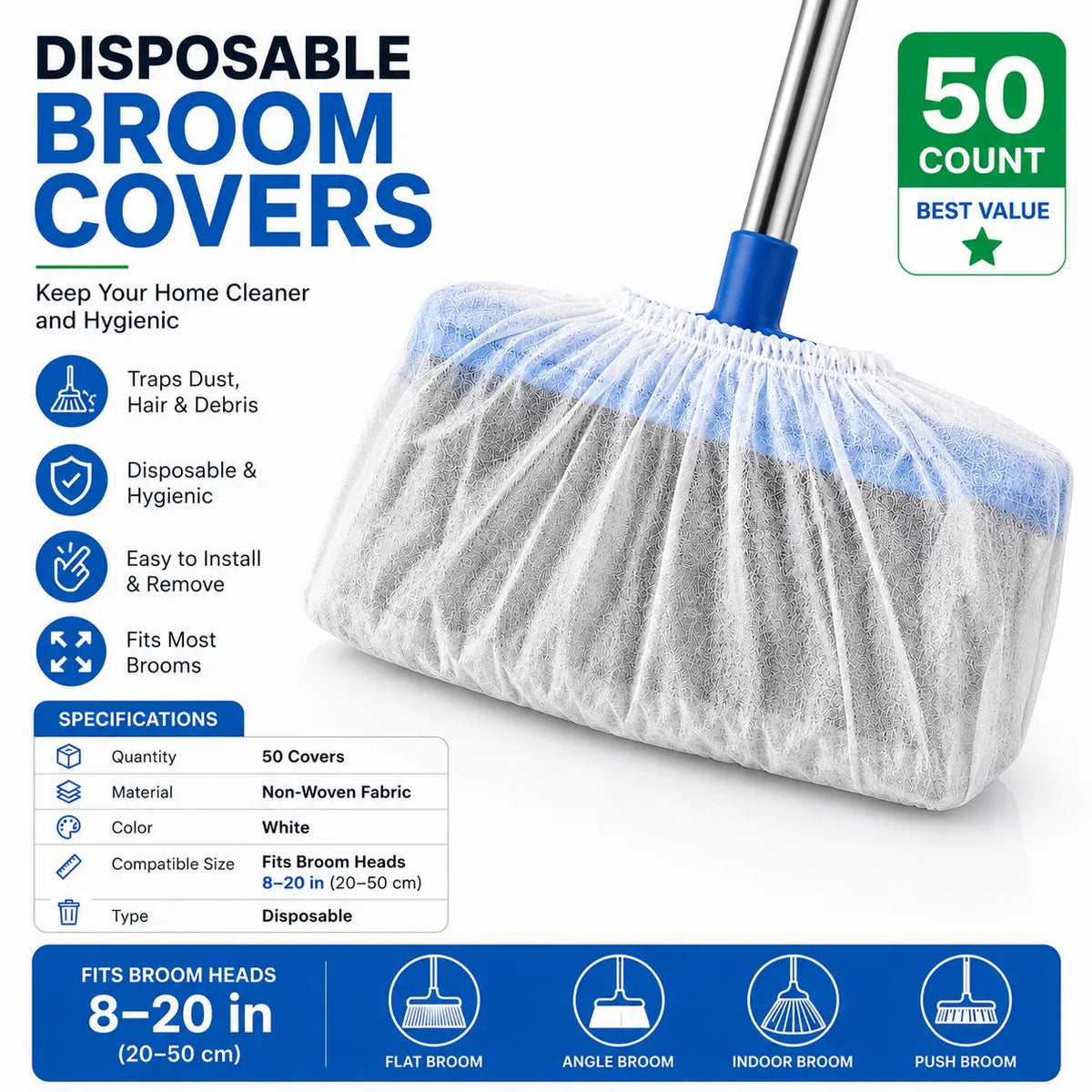 🧹Disposable Broom Dust Covers, Non-Woven Dust Catcher for Standard Brooms,50 Covers