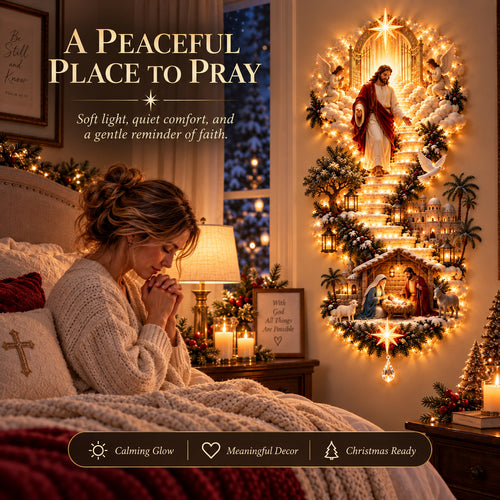 ✨Jesus Light of Heaven Christmas Wall Hanging | Illuminated Nativity Stairway Decor ✝️