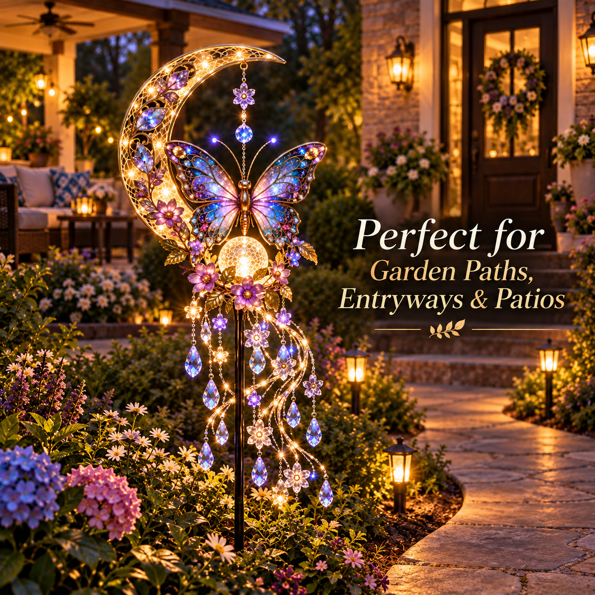 🦋Solar Butterfly Moon Crystal Cascade Garden Stake Light🌺