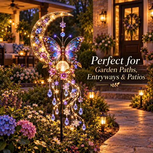 🦋Solar Butterfly Moon Crystal Cascade Garden Stake Light🌺