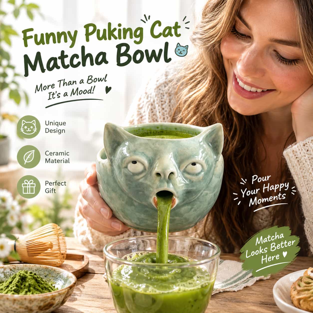 Funny puking cat matcha bowl being used in a cozy kitchen