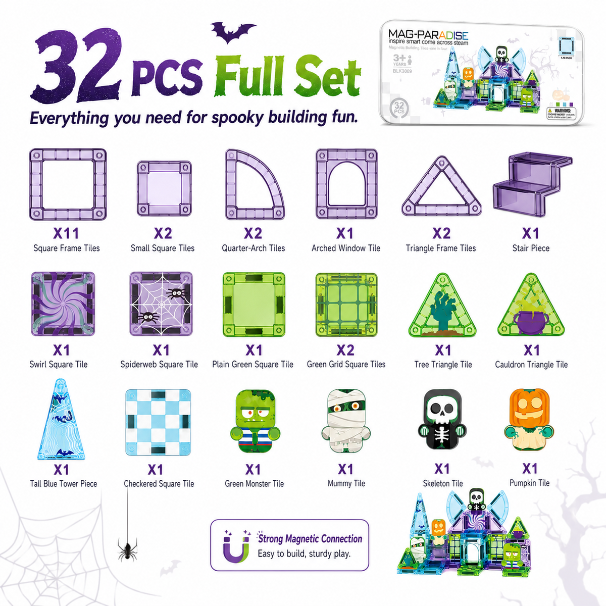 Construction & Halloween Castle Magnetic Building Tiles, STEM Toy with Tin Box for Kids 3+