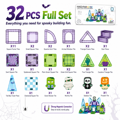 Construction & Halloween Castle Magnetic Building Tiles, STEM Toy with Tin Box for Kids 3+