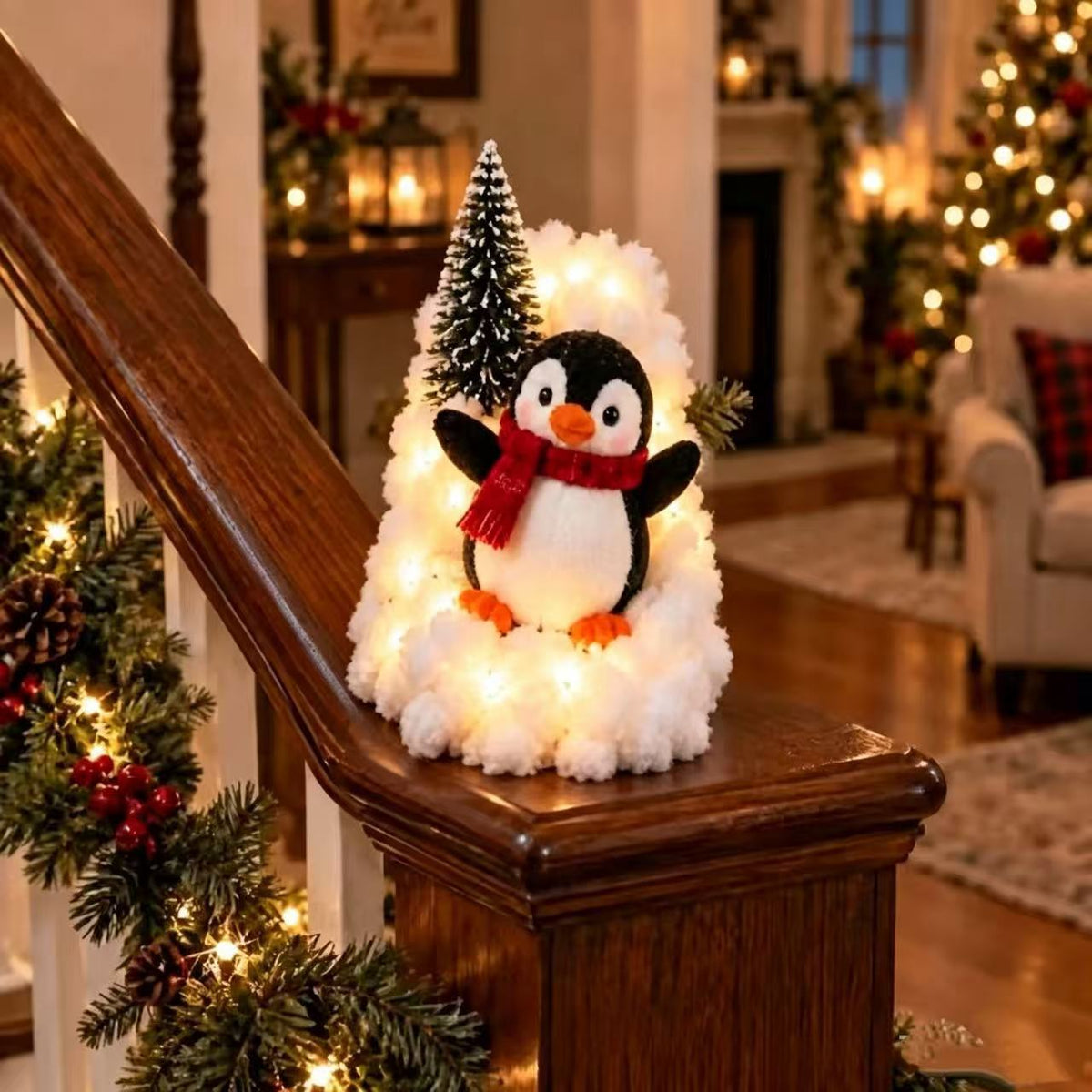 Playful Penguin Snowy Stair Railing Decor