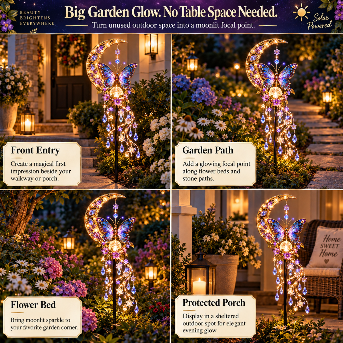 🦋Solar Butterfly Moon Crystal Cascade Garden Stake Light🌺