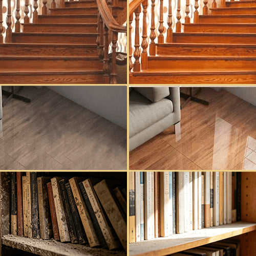 Before and after wood furniture care examples showing stairs, floor and shelves