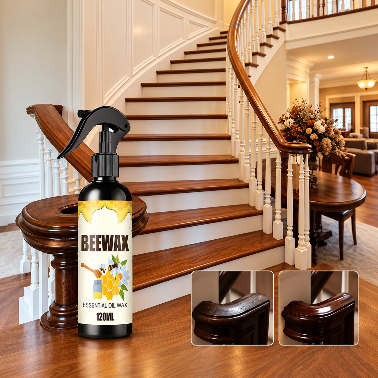 Beeswax furniture polish shown beside polished wooden staircase and handrail