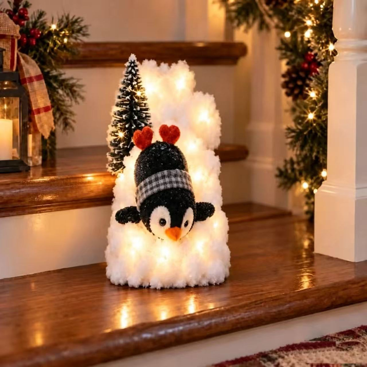 Playful Penguin Snowy Stair Railing Decor