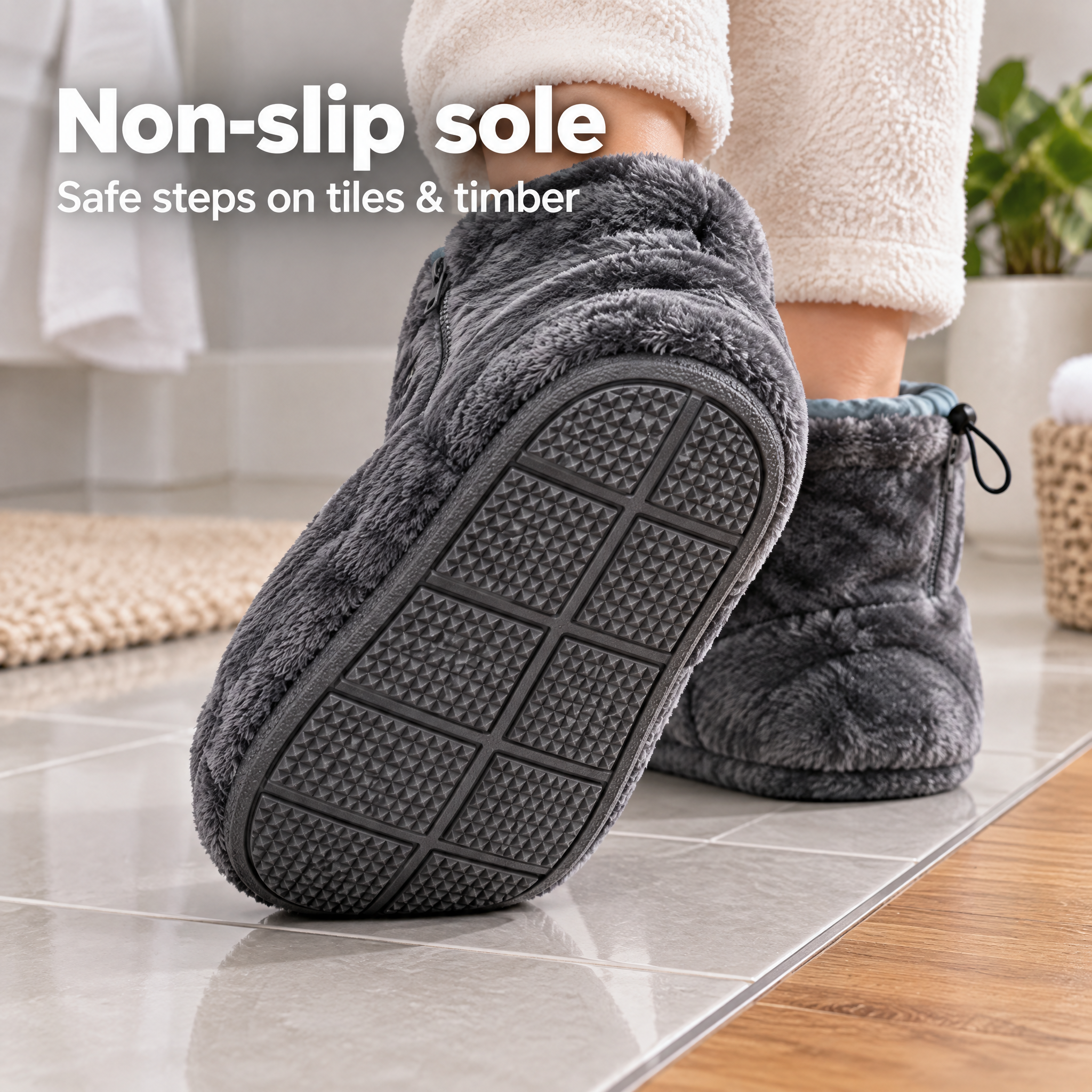Close-up of the textured non-slip sole of the gray heated slipper boot