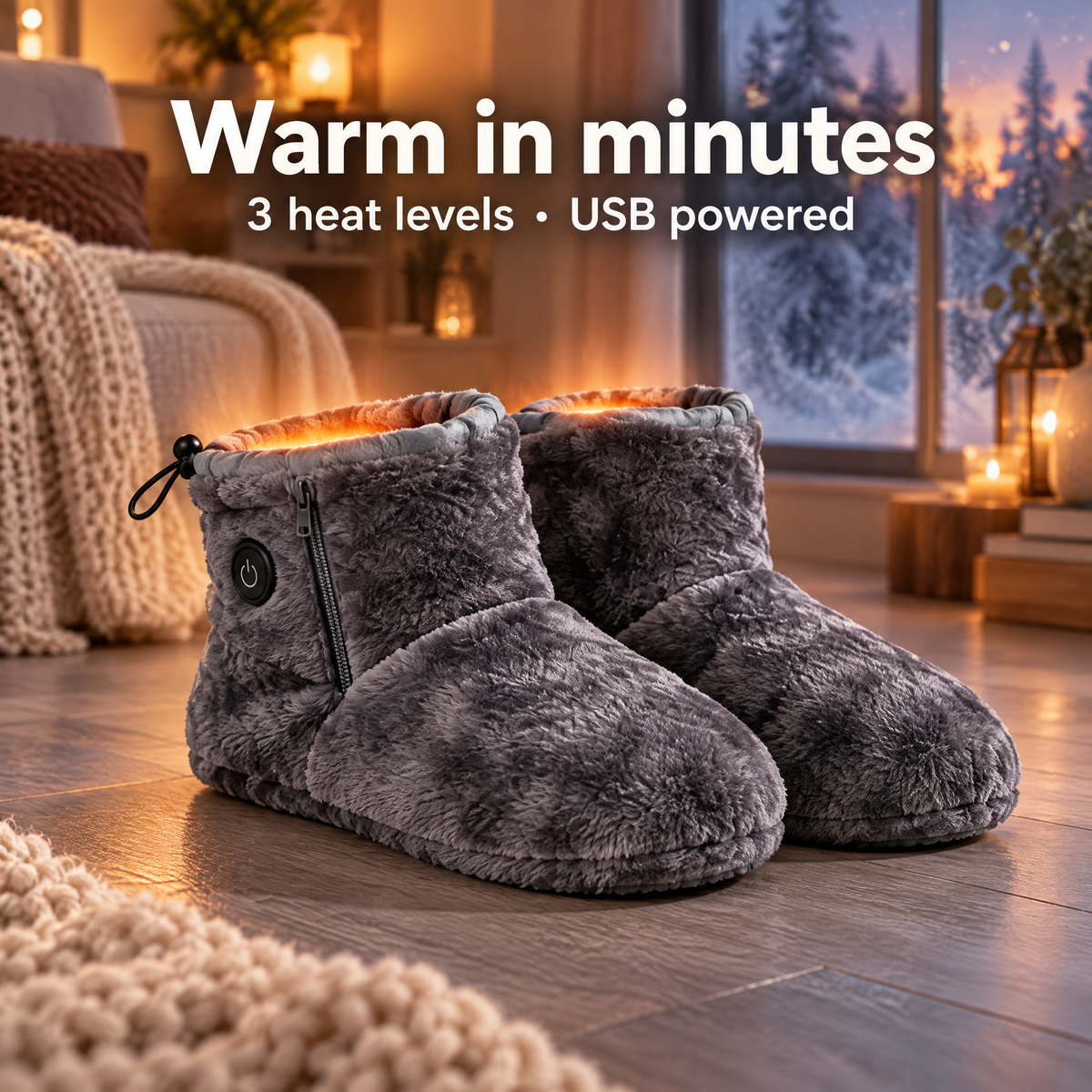 Heated plush slipper boots on a timber floor with a warm glow – warm in minutes, 3 heat levels